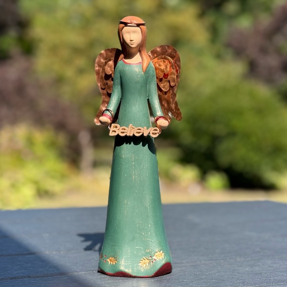 ANGEL Figurine with copper wings and “BELIEVE” sign